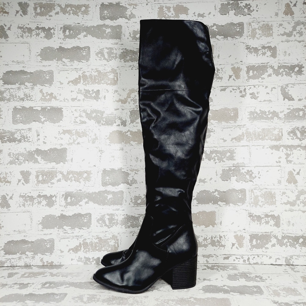 New BP. Women Black Faux Leather Luke Heel Over the Knee Boots I297